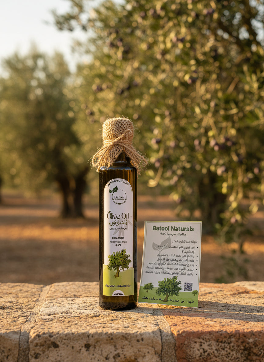 زيت زيتون بكر ممتاز من بتول معصور عالبارد حموضة أقل من 0.8% في عبوة زجاجية أنيقة.