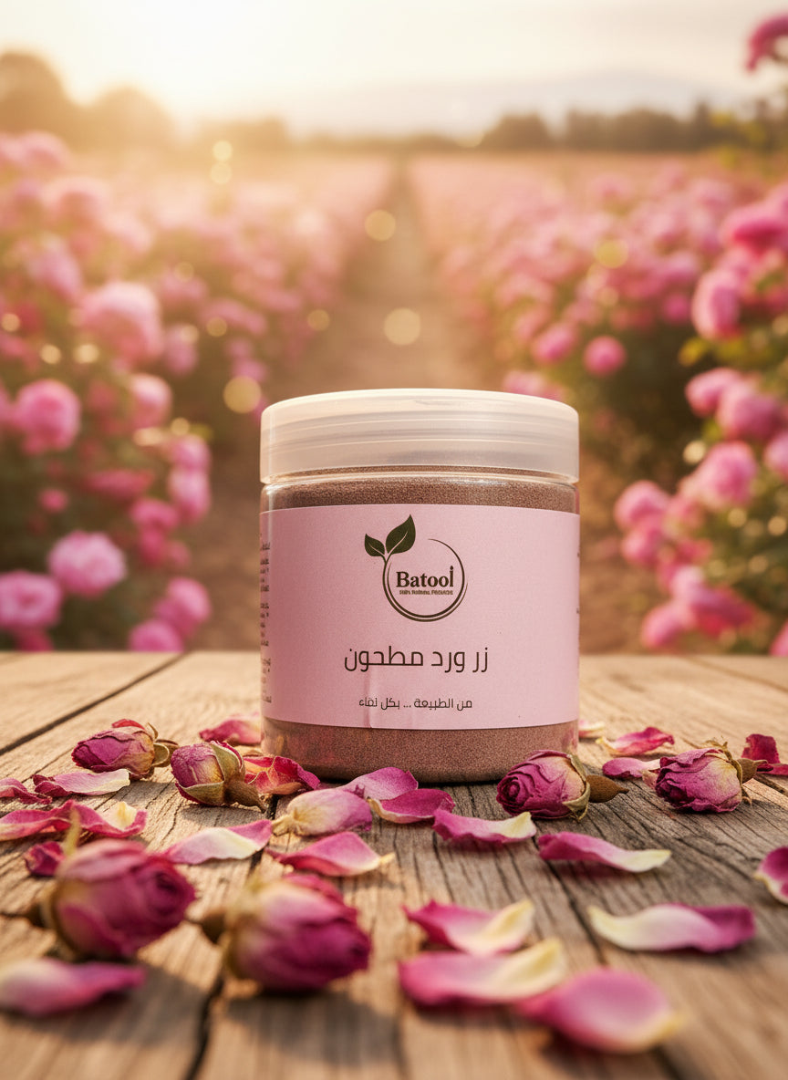 عبوة مسحوق زر الورد الباكستاني الأصلي بوزن 175 جرام، مطحون ناعم جداً وخالٍ من الشوائب للاستخدامات التجميلية.