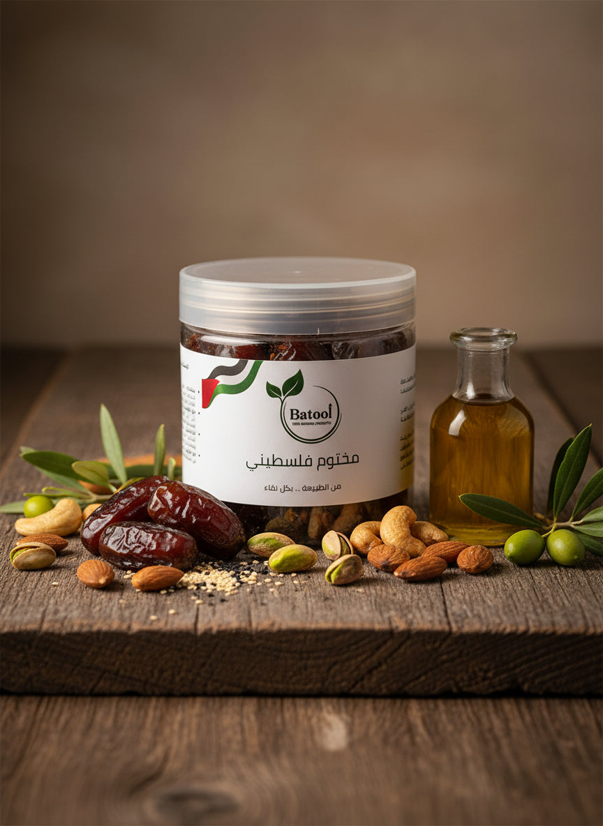 اكتشف الطعم الأصيل والتراث الفلسطيني العريق مع المختوم الفلسطيني الفاخر من "بتول ناتشرالز". هذا المنتج ليس مجرد طعام، بل هو كنز غذائي يجمع بين أجود المكونات الطبيعية ليوفر لك الطاقة والصحة في كل ملعقة.