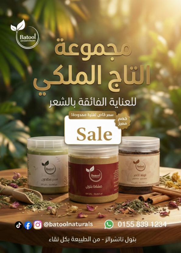 Batool hair care product jars on a wooden surface with greenery in the background