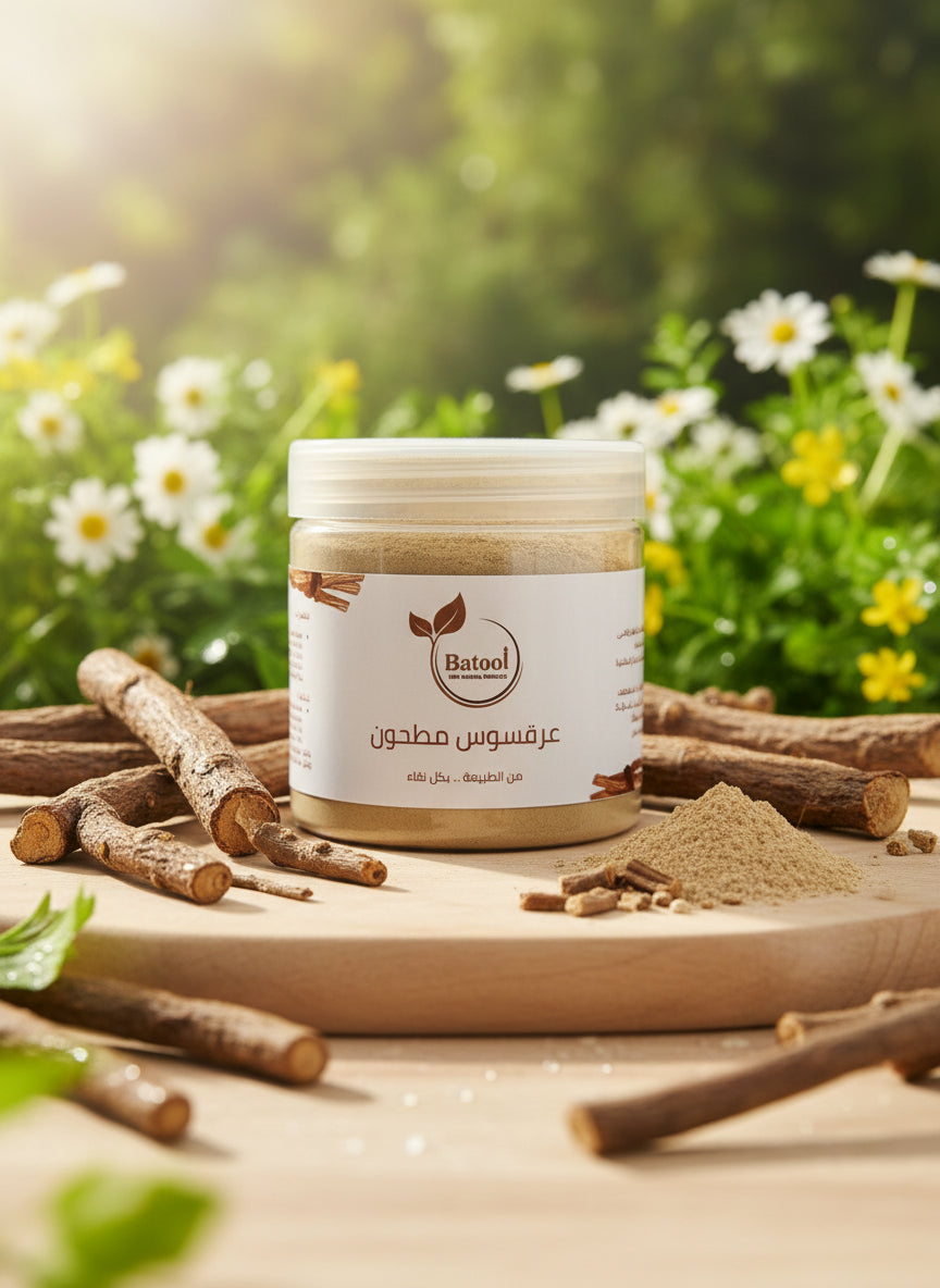 احصلي على بشرة مشرقة مع مسحوق العرقسوس الخام 100% من باتول ناتشورالز. الحل المثالي لعلاج التصبغات، الكلف، وتوحيد لون البشرة طبيعياً. جودة تجميلية فائقة في عبوة 200 جرام.